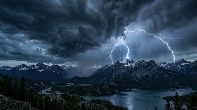 A dramatic landscape showcases towering mountains under a turbulent, stormy sky. Lightning flashes intensely between dark, billowing clouds, illuminating the rugged peaks and a serene lake below.