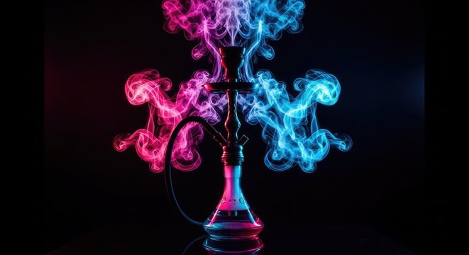 Vibrant swirls of neon pink and blue smoke elegantly rise from a traditional glass hookah pipe against a stark, pitch black background, colorful, mist, neon