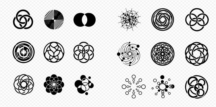 Set of various abstract geometric shapes and circular patterns on transparent background.