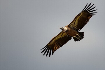 Fototapeta premium Griffon vulture flies with wings spread wide against a muted grey sky. This large bird of prey has a light-colored head and neck. Its feathers are brown and tan with yellow accents.