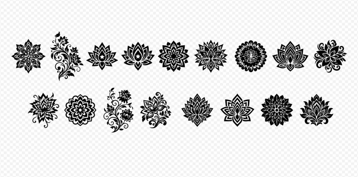 Set of intricate black and white mandala and floral patterns, perfect for decorative designs and spiritual themes.