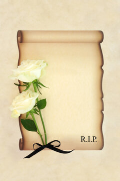 Rest in peace white rose flower memorial tribute letter, invitaion on paper scroll on parchment paper background. Floral design for funeral card with R.I.P. text.