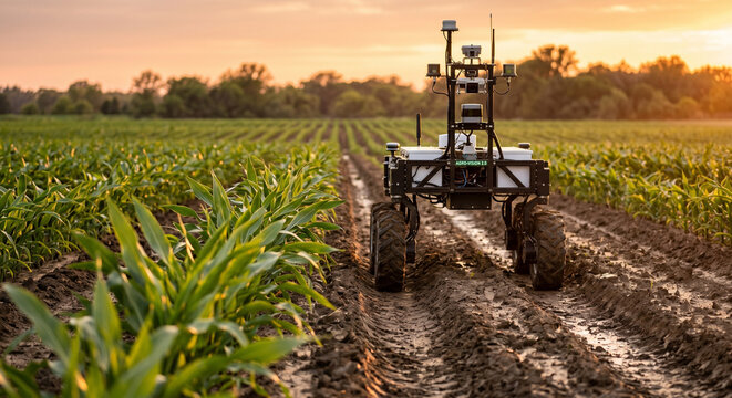 Autonomous agricultural robot navigating muddy rows of young corn crops in a field at sunset
