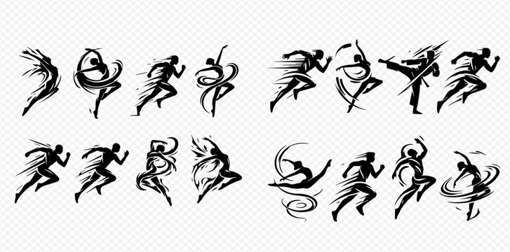 Dynamic brush stroke silhouettes of people in motion, running, jumping, and dancing with abstract lines.