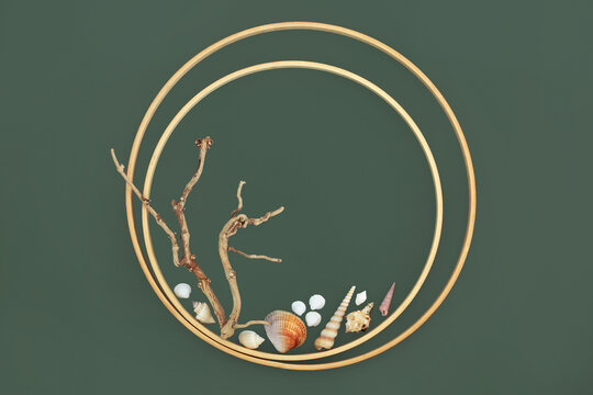 Driftwood and seashell abstract background border with round frames. Surreal minimal natural rustic zen design for logo, business card, greeting card, label. On green.