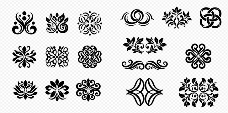 Set of elegant black ornamental design elements, vintage decorative flourishes, and intricate patterns for creative projects.