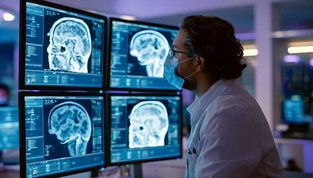 Medical professionals analyze brain scans on computer screens. The doctor wears a face mask in the modern lab. The scientist studies medical imaging data, neurological research, and science.