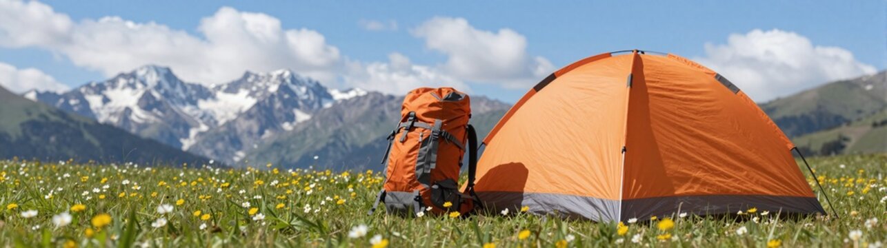 Summer camp tent and backpack set up in a mountain meadow with wildflowers