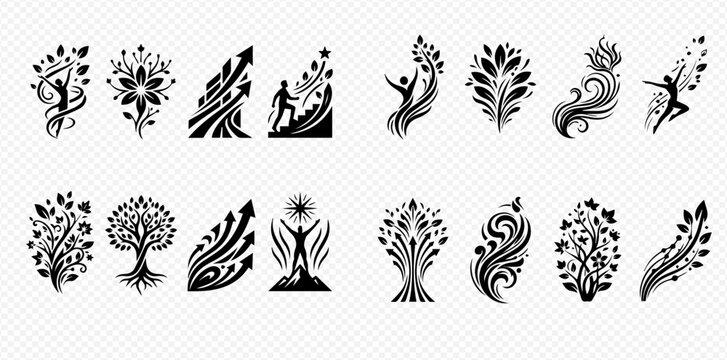 Set of abstract vector emblems and symbols in black and white, representing growth, nature, and human potential.