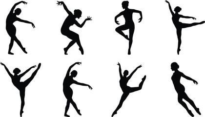 Set of black and white ballerina silhouettes in elegant dance poses demonstrating grace, movement, and classical ballet performance © MDMORSALIN