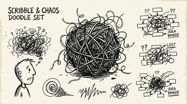 Conceptual Chaos: A hand-drawn illustration depicting a tangled ball of string and various scribbled diagrams representing confusion and a complex thought process.