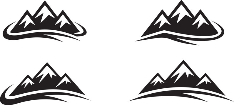 Set of black silhouette mountain landscape with peaks and nature elements, outdoor exploration and adventure.