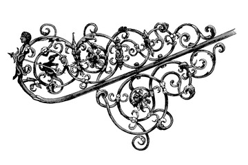 16th-century Danzig wrought iron staircase railing with floral and mythical figures, old vintage illustration, 1897. © Timofeeff