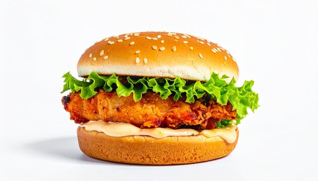 Crispy chicken sandwich with lettuce and sauce on white background