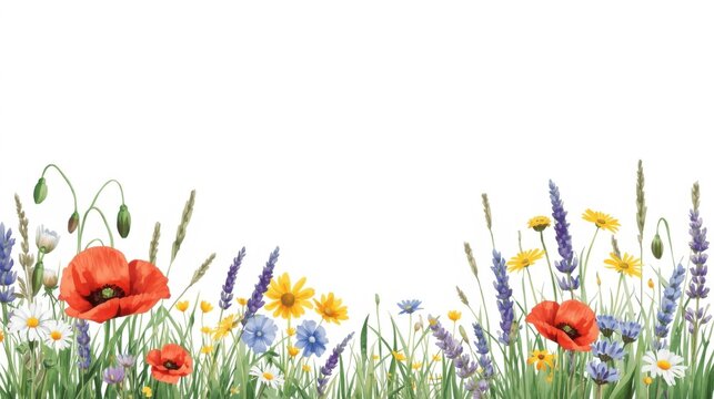 Hand painted watercolor wildflower border with lavender chamomile cornflowers, cornflowers white background, red poppies lavender, watercolor floral