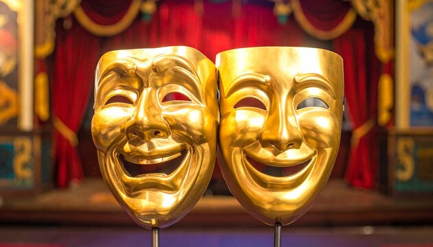 Golden comedy and tragedy masks with red theater curtains