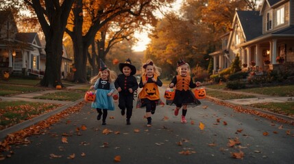 Obraz premium Happy children running in halloween costumes collecting treats with collecting candy