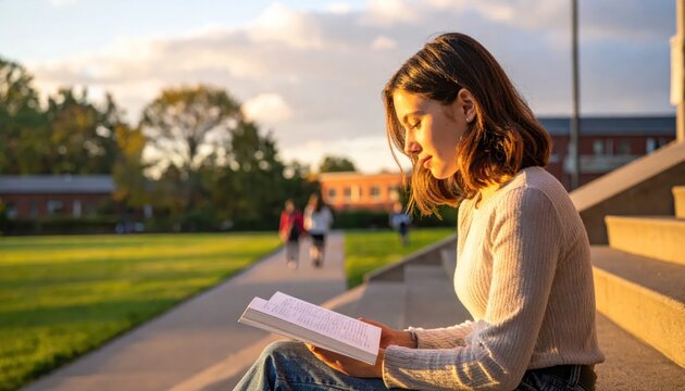 Young woman reading a book on campus stairs during golden hour, with soft sunlight and blurred background of students walking.