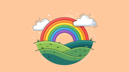 Obraz premium Colorful Rainbow Over Green Hills Landscape 1.