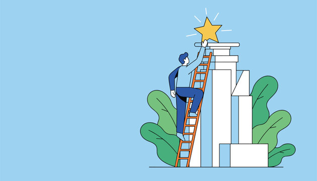 Determined businessman climbing a ladder to reach a bright golden star on top of a stone column against a blue background.