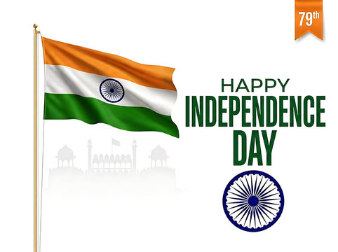 Minimalist Happy Independence Day greeting card design with waving tricolor flag on white background