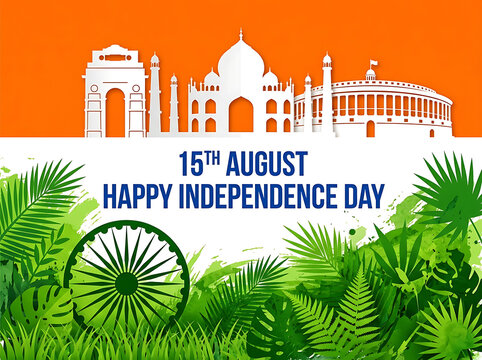 Indian Independence Day banner with white monuments silhouette and green tropical palm leaves