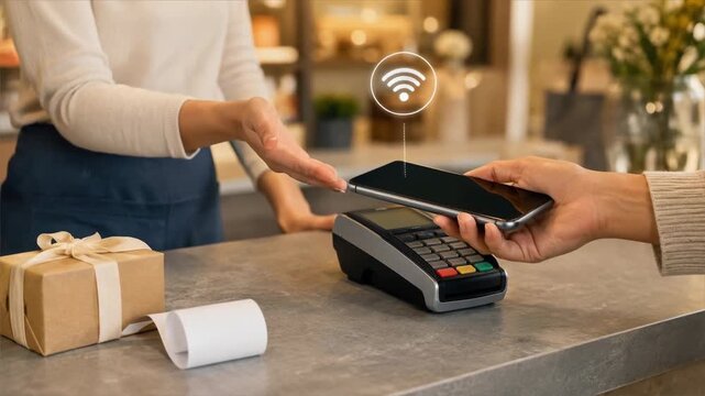 Contactless payment smartphone wireless transaction gift counter retail technology modern convenience customer cashier shopping digital secure mobile