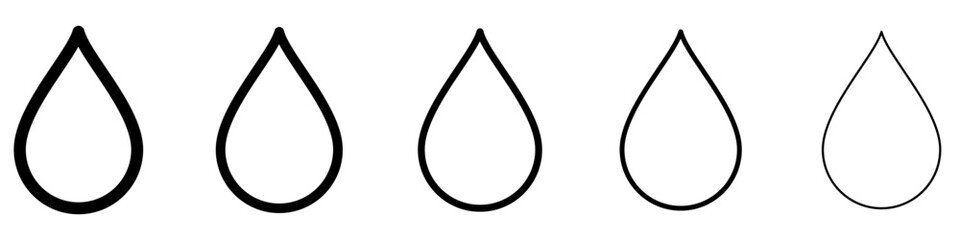 Fototapeta premium Set of linear drop icons with different stroke weights. Minimalist design symbolizing water, liquid, purity, and moisture in a modern style. Vector illustration.