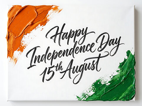Artistic hand written Independence Day text on white background with realistic orange oil paint texture