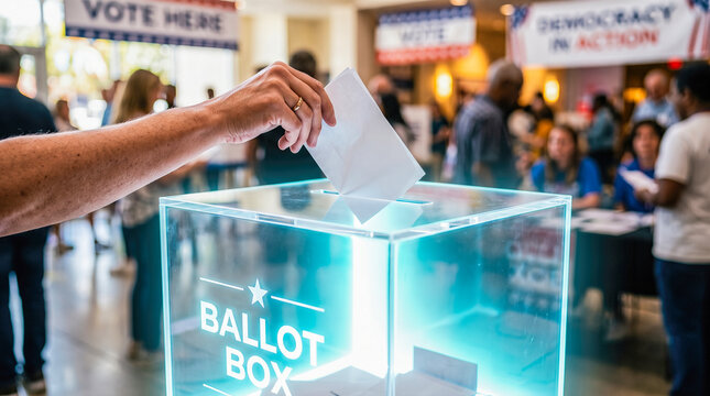Hand dropping paper ballot into glowing clear voting box election democracy concept citizens voting at polling station political campaign