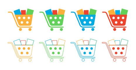 Eight distinct shopping cart icons in various colors and styles, each loaded with colorful items, representing online shopping and retail © Melnychukfree