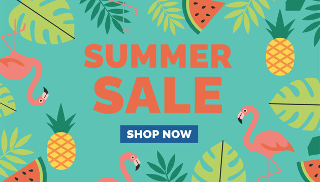 Bright teal banner announcing a summer sale with shop now button, surrounded by pink flamingos and tropical fruits.
