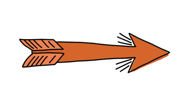 Hand-drawn orange arrow with detailed feather fletching pointing to the right in a classic sketch style.