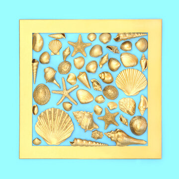 Gold seashells luxury summer beach glam concept background square border on blue. Shimmering metallic beautiful design for greeting card.