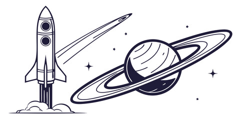 Rocket launching from planet surface, cosmic alignment, space exploration © AG