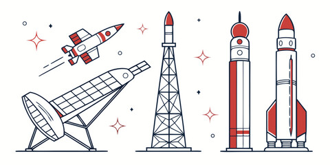 Space industry rocket launch, satellite deployment, and rocket components on white background, rocket engine © AG