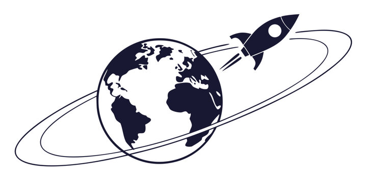 Rocket orbiting earth silhouette on white background, space