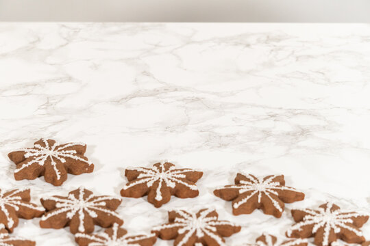 Decorating Snowflake Chocolate Ginger Sugar Cookies with Royal Icing and Sugar Crystals