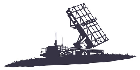 Military radar system on naval ship, side view, black and white warship defense © AG
