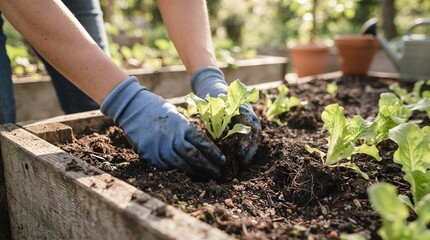 Fototapeta premium Close Up of Hands in Blue Gloves Planting Green Lettuce Seedling in Rich Garden Soil