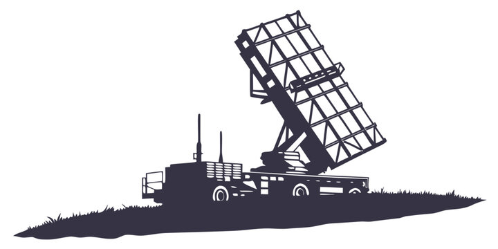 Military radar system on naval ship, side view, black and white warship defense