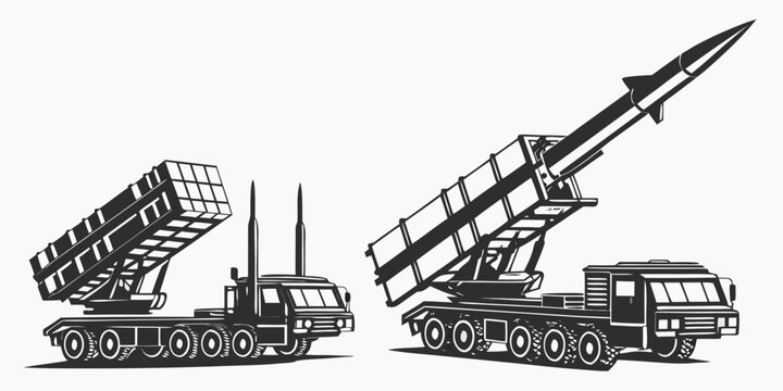 Military multiple rocket launcher system with missiles on white background, military vehicle artillery