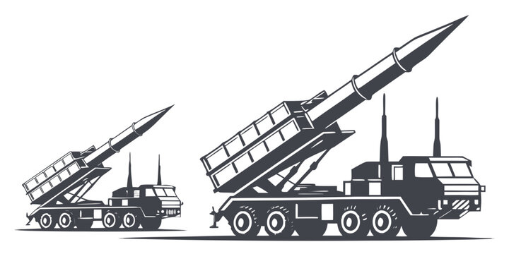 Multiple rocket launcher system on military trucks, side view, white background