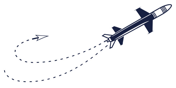 Guided missile in flight against white background, trajectory path shown flight path missile launch
