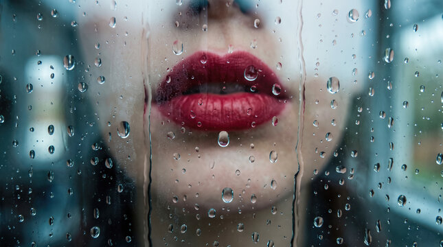 Close up beautiful mysterious female face with bright red lips looking through wet transparent glass window covered by natural autumn rain drops