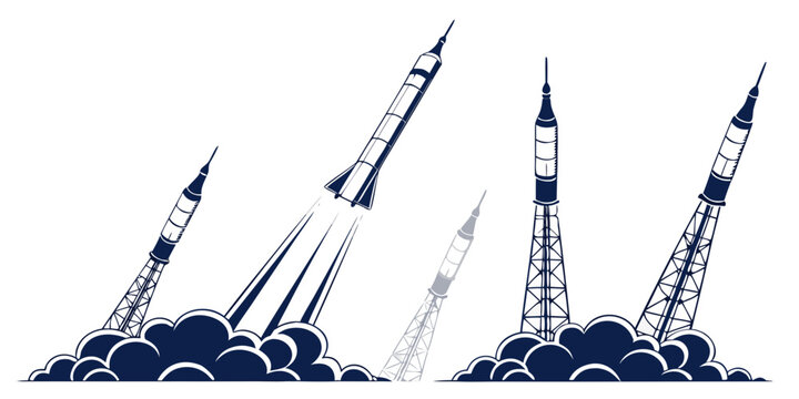 Multiple rocket launch sequence, white background, silhouettes space launchpad