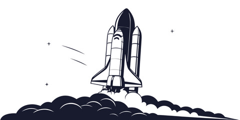 Futuristic rocket ship silhouette on white background, with stars spaceship © AG