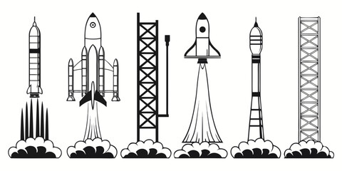 Set of 50 rocket launch silhouettes, black and white, isolated on white background © AG