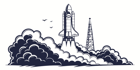 Space rocket launch silhouette against city skyline at night sky © AG