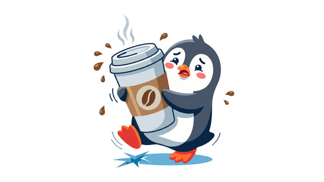 Penguin carrying oversized coffe